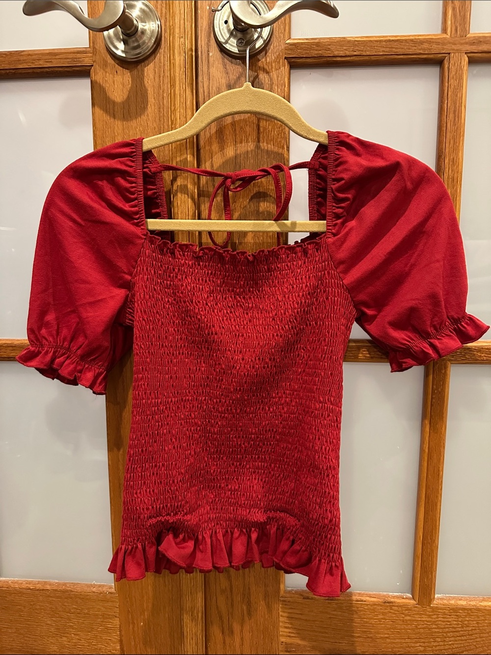 Smocked Puff-Sleeve Women's Top in Red - Picture 2 of 6